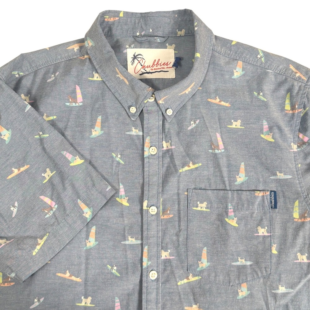 Chubbies Mens L Blue Windsurfing Dog Print Short Sleeve Button Down Shirt AOP
